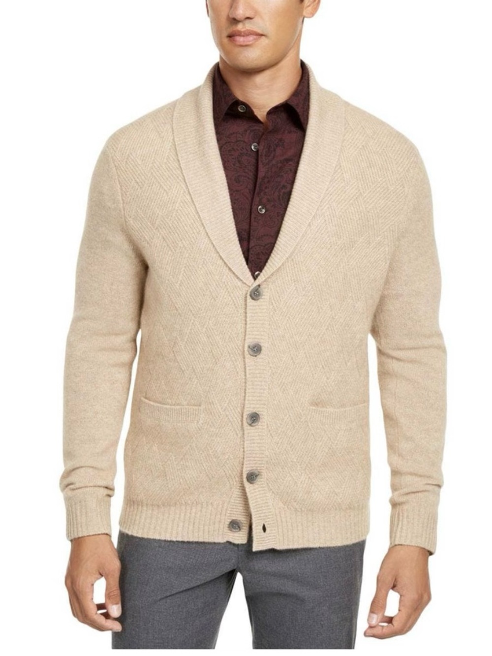Tasso Elba Cashmere Recycled Button Cardigan Sweater Beige Camel Medium Flaw